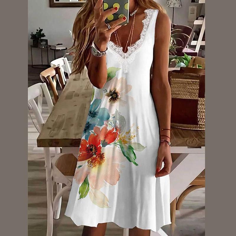 Women Summer Casual Sleeveless Lacework V Neck Printed Knee Length One Piece Dress