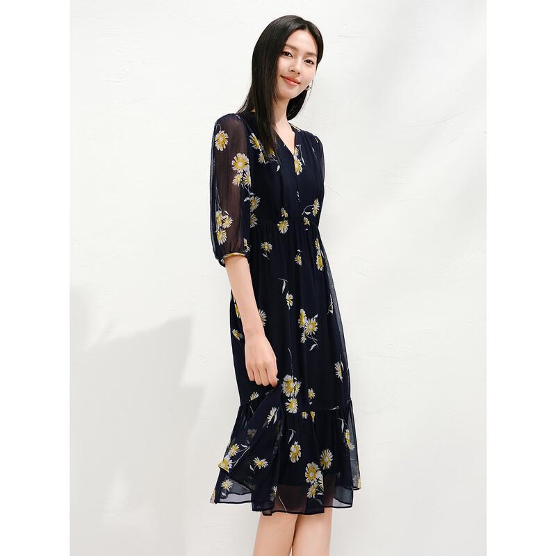 JUICE ANNACO Women's Elegant 100% Silk Floral Print V-Neck Dress