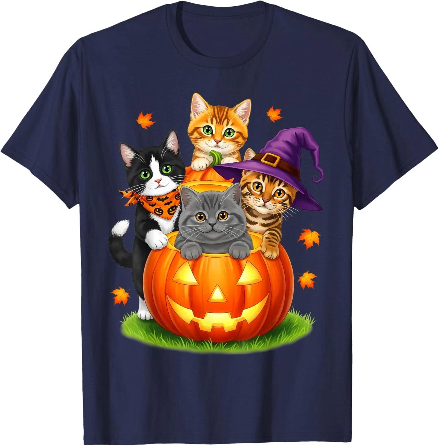 Cute Kittens Pumpkin Halloween Spooky Season Unisex T Shirt L