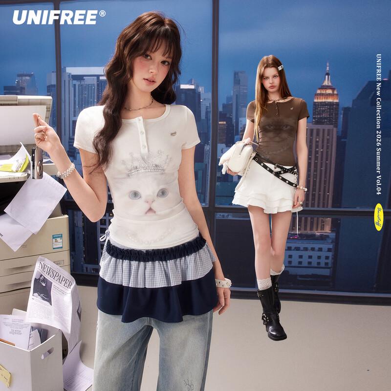 UNIFREE Cat Print Slim T-Shirt S