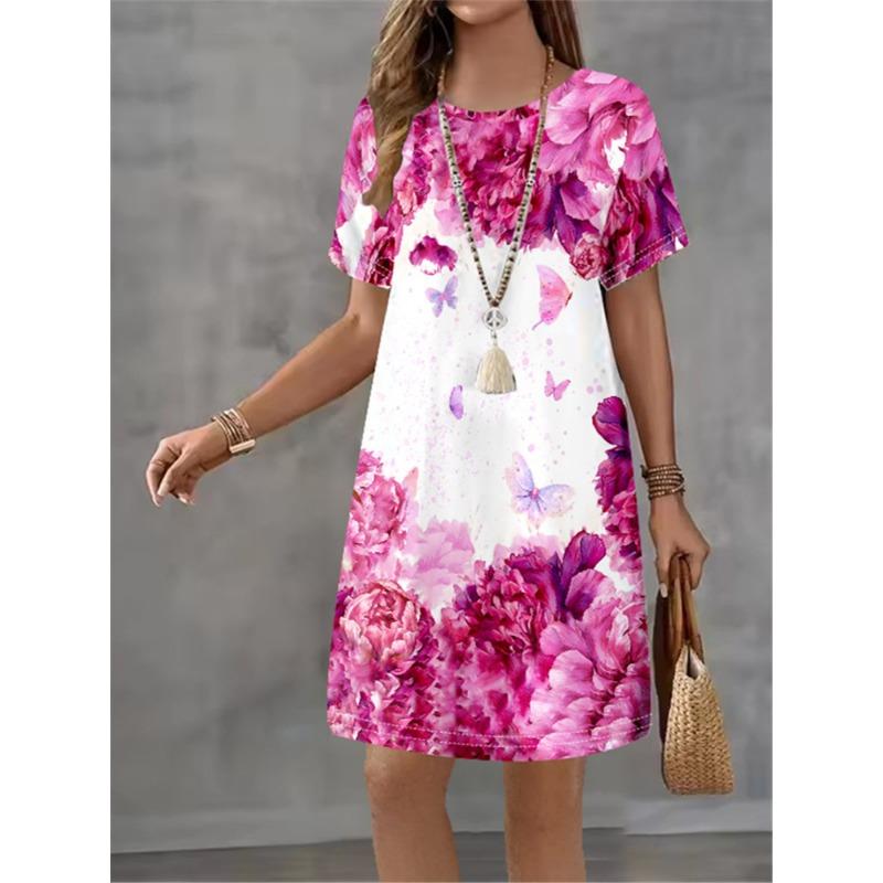 Women's Summer Flower Printed Short Sleeve Round Neck Dress 2025 Fashion New Style Design Sense Elegant Women's Mini Dress