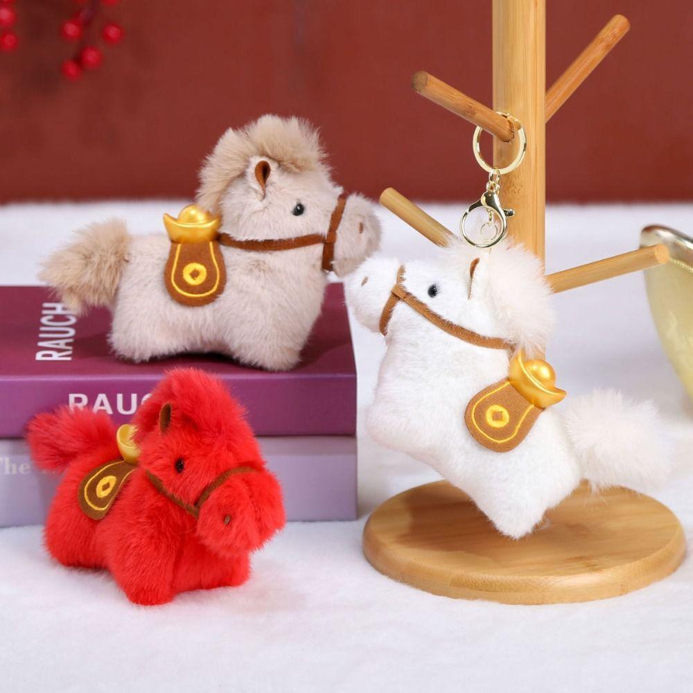 Creative Plush Horse Keychain Yuanbao Chinese New Year Gift Stuffed Animal Keyring Car Decoration