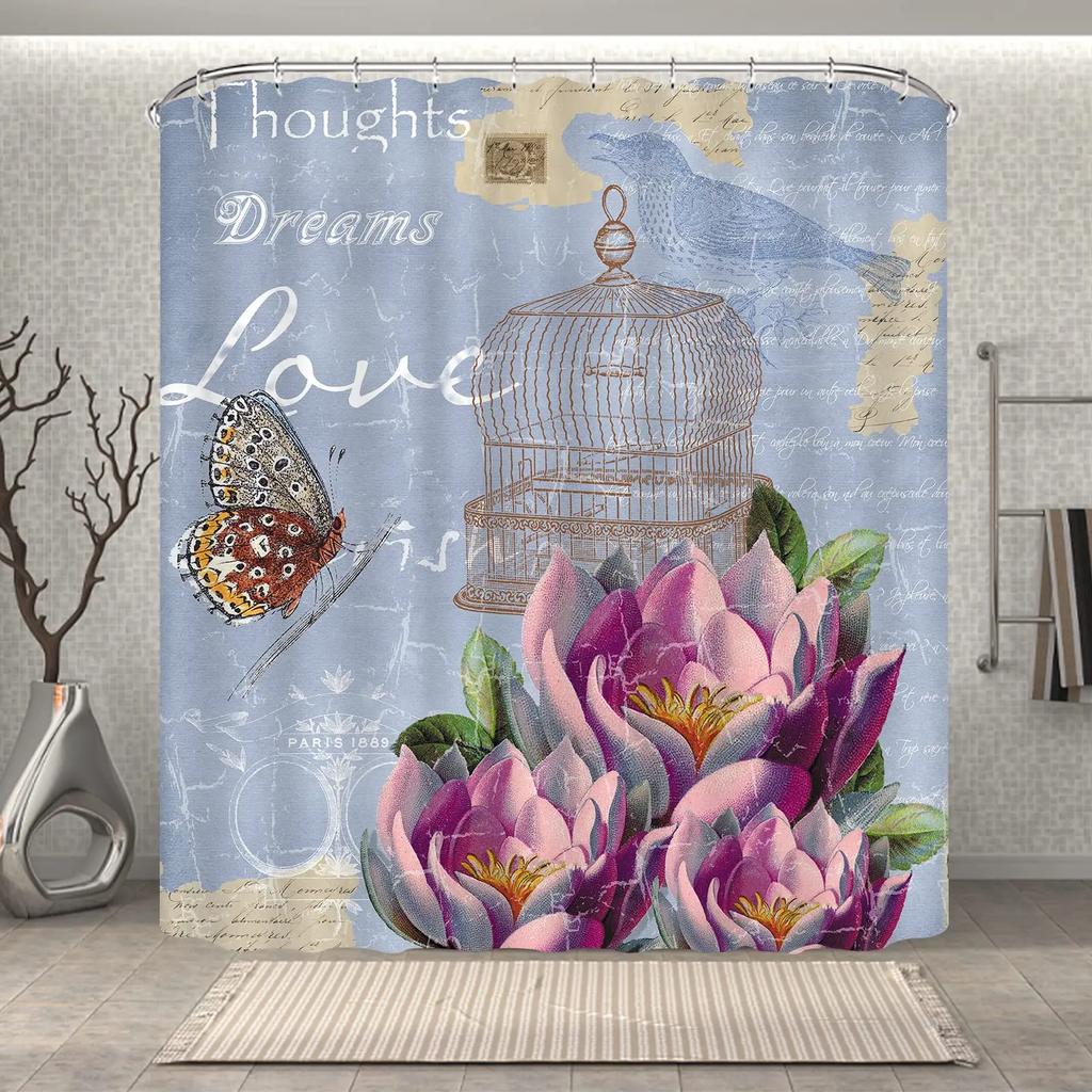 Purple Rose Shower Curtain Retro Floral Shower Curtains Waterproof Gold Classical Chic Elegant Flowers Vintage Bathroom Curtains