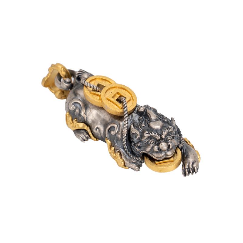 Gold-Plated S925 Sterling Silver Pixiu Pendant with Antiqued Guochao Design for Men and Women