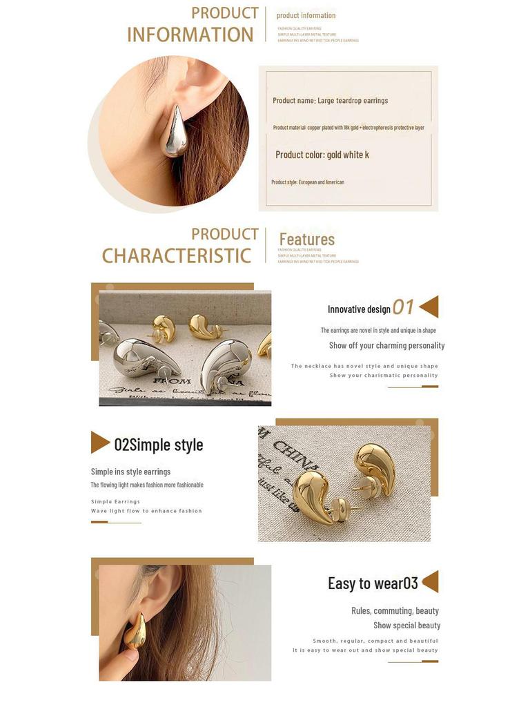 Elegant Metal Water Drop Earrings: Cold Style, Luxurious Gloss, High-End Niche Design