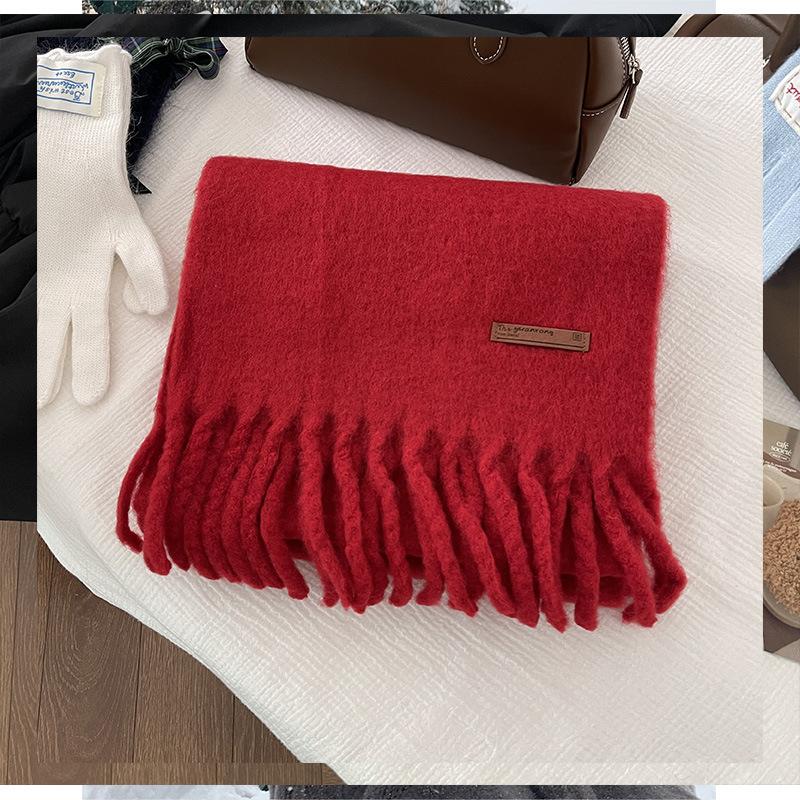 Wool Blended Solid Color Scarf Ice Blue Women's 24 Winter Atmosphere Warm Fringed Scarf