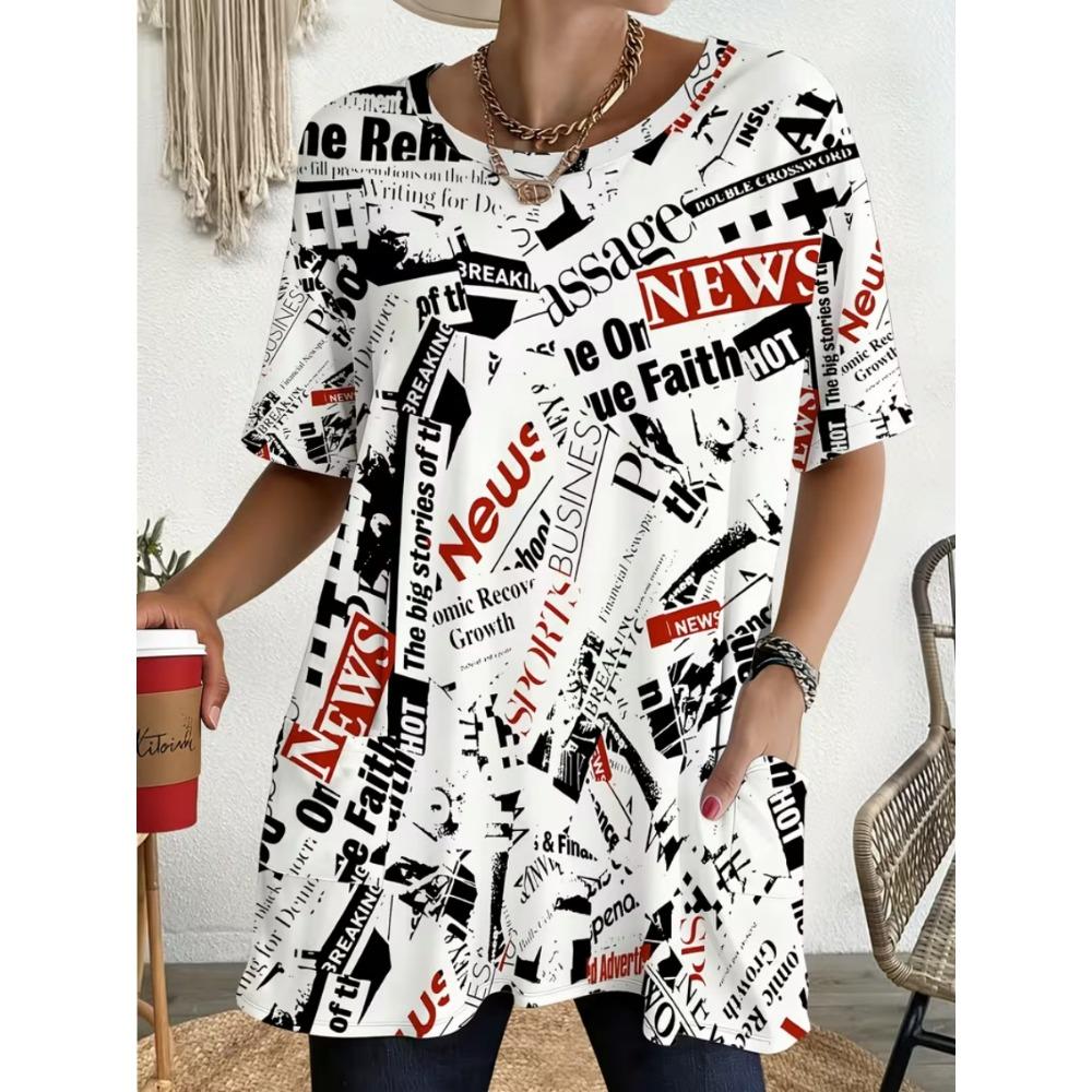 Women's Summer Short Sleeved T-shirt, 3D Printed Pocket T-shirt, Casual Plus Size T-shirt