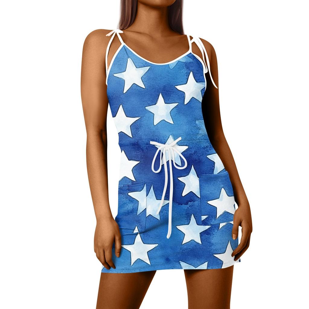 Women's Fashion Summer Independence Day Printed Loose Sleeveless  Pocket V-Neck Dress