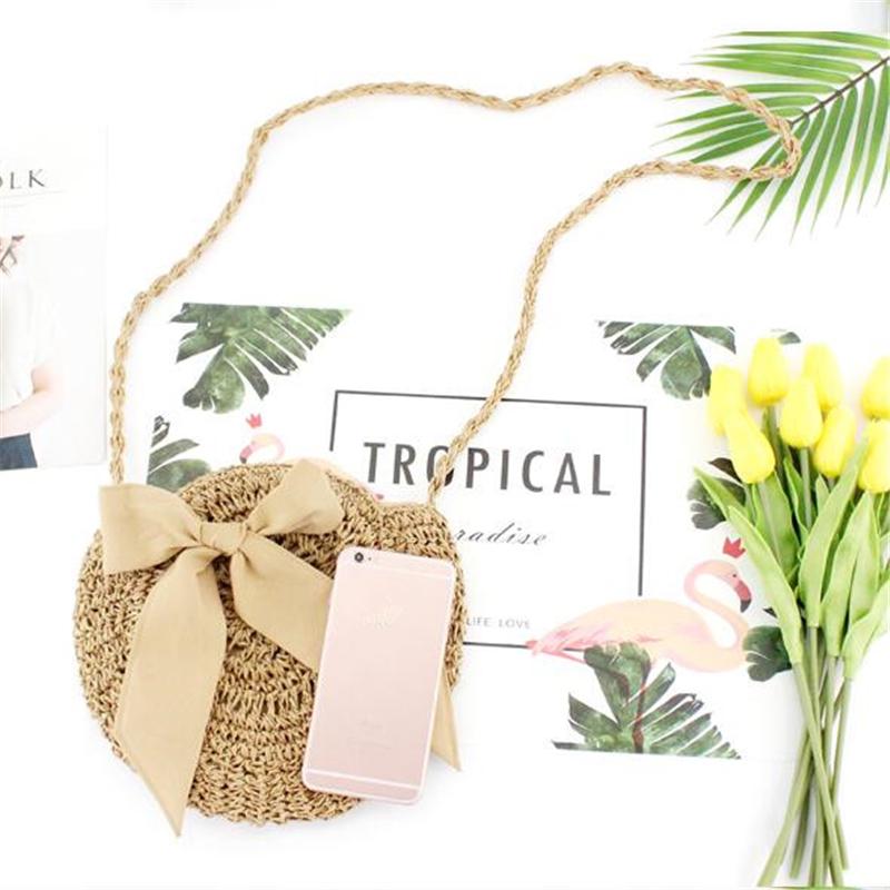 Sommer Stroh Strandtasche Schleife Damen Umhängetaschen Runde Taschen mit Schleife