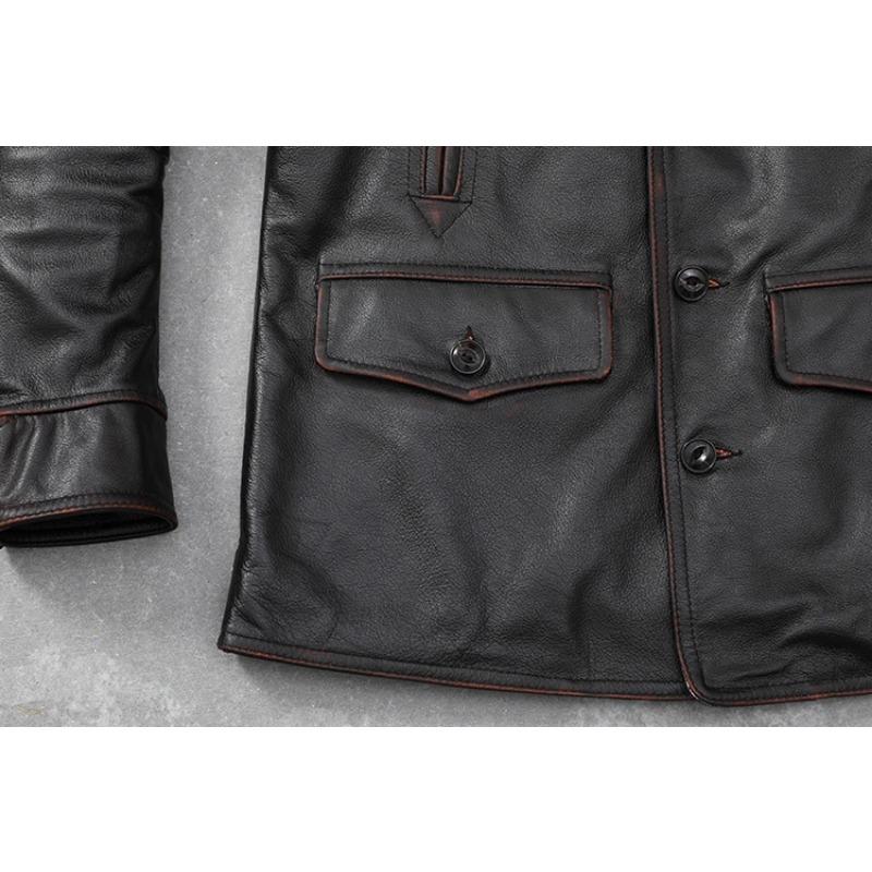 Jachetă de piele ocazională pentru bărbați, dimensiune chinezească, haină moale din piele de vacă naturală.