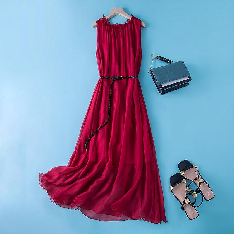 Elegant Sleeveless Silk Midi Dress with Belted Waist and Loose Hem for Summer 2022 Women's Fashion.