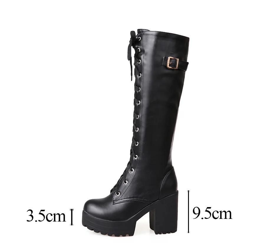 Fashion Hot Sale Spring Autumn Lacing Knee High Boots Women Fashion White Square Heel Woman Leather Shoes Winter PU Large Size 43