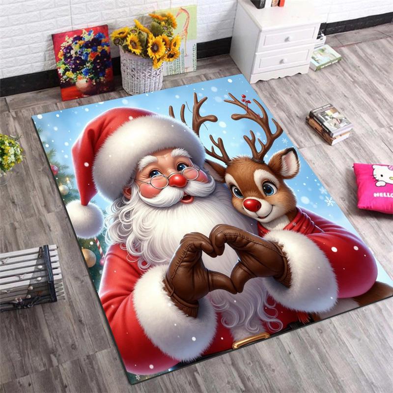 Cute Santa Claus And Rudolph Reindeer Heart‑shape Gesture Print Area Rug Non‑Slip Rectangular Floor Mat Home Decor