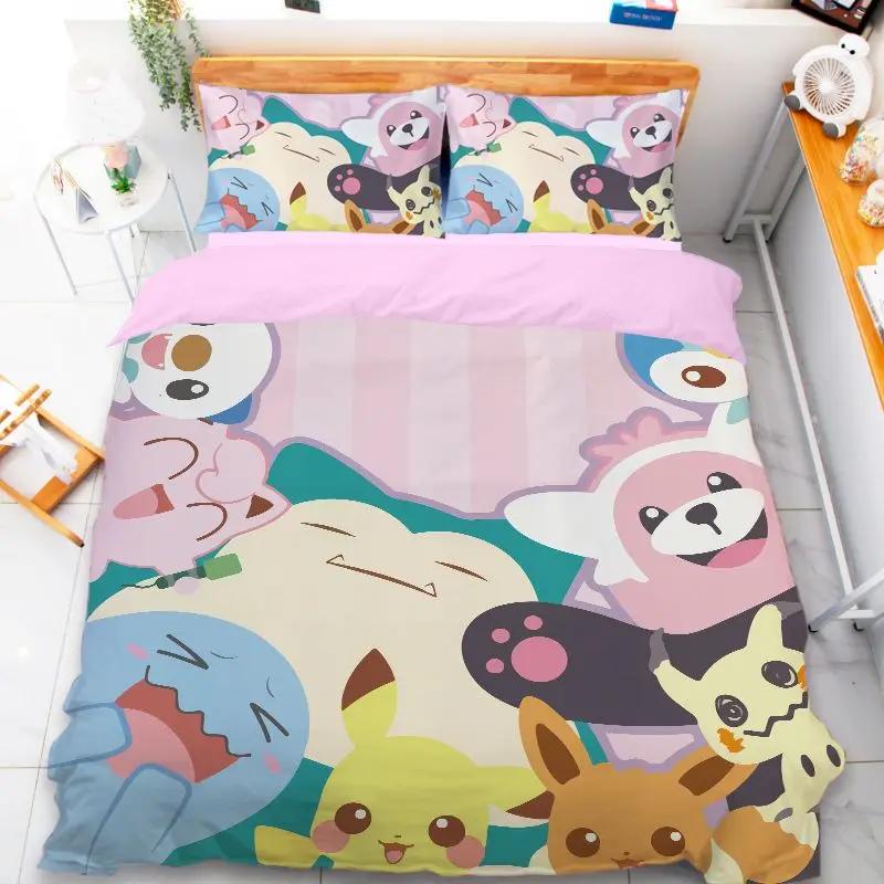 Tecknad Pokemon-inspirerad påslakan set Anime Pikachued Squirtled Eeveed Snorlaxed örngott täcke överdrag sängkläder set Enkel Twin King