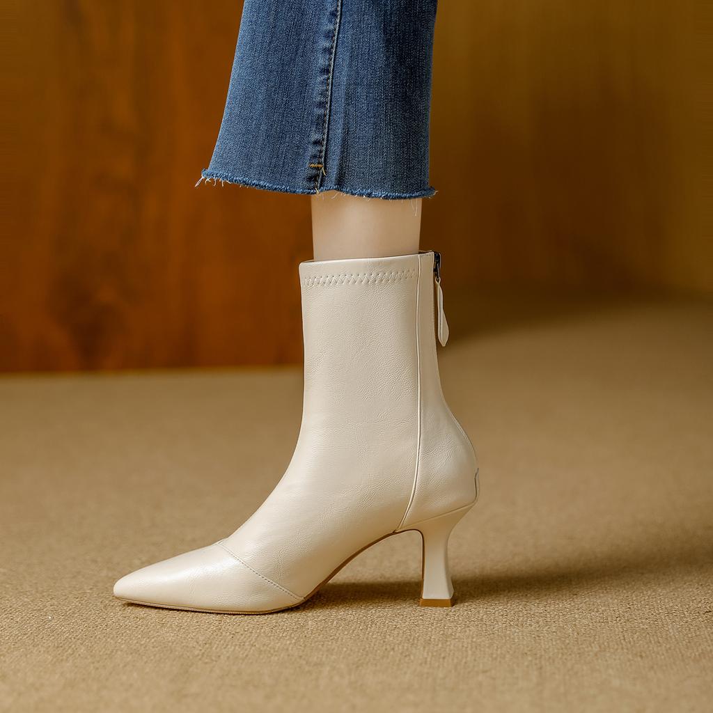 French Pointed Thin Heel Short Boots Women's Autumn and Winter New Niche Light Luxury Simple and Versatile Rear Zipper Thin Boots Bare Boots