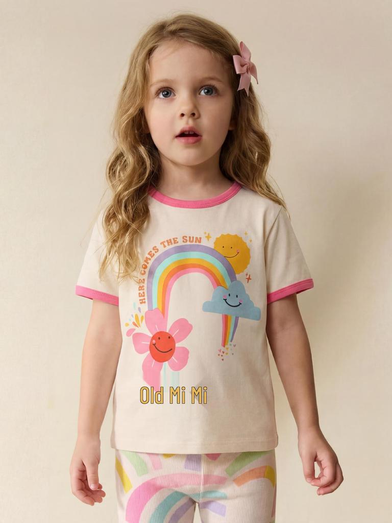 2026 Girls' Floral Print Short-Sleeve T-shirt - European & American Style, Round-Neck Children's Top