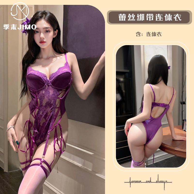 Sex underwear light luxury temptation satin sexy lace splicing shapewear straps empty onesie women