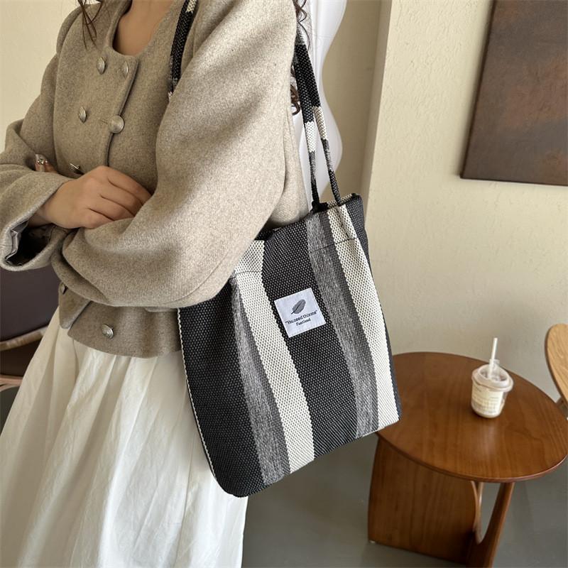 Striped Canvas Tote Bag 2023 Fall Fashion Large Capacity Casual Shoulder Bag