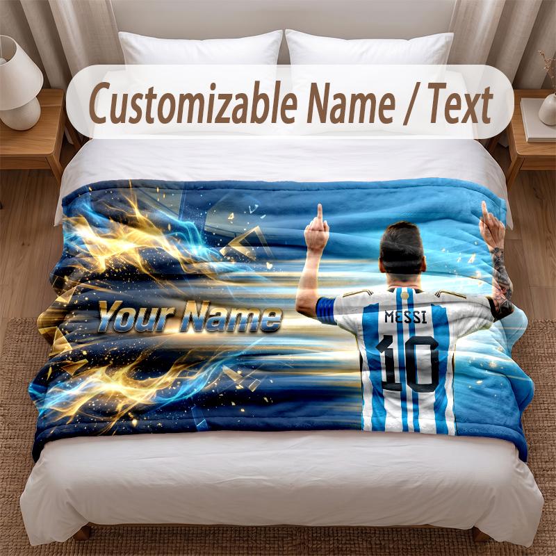Lionel Messi Printed Flannel Blanket Custom Name Text Soft Warm Throw For Bedroom Holiday Gift
