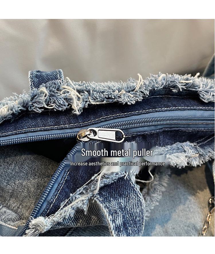 Korean Retro Denim Tote - Large Capacity, Casual, Comfortable, Wear-Resistant, Versatile Single Shoulder Bag