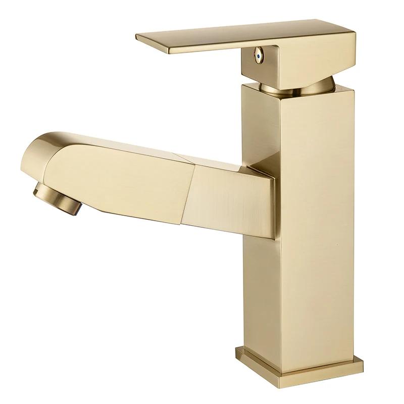 Bathroom Modern Eco-Friendly Brushed Gold Uncoated Brass Pull Out Uncoated Brass Basin Faucet Mixer Tap with 3-Year Warranty (as the picture,Brass)