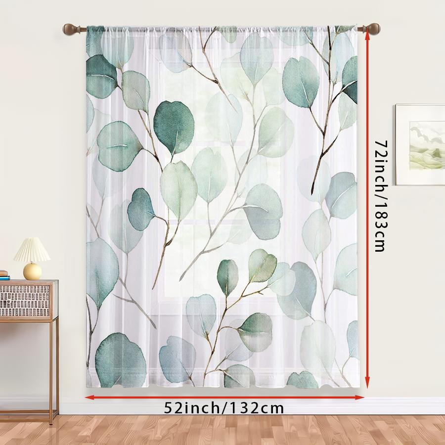 1PC Sheer Curtain Eucalyptus Blue Green Watercolor Print, Rod Pocket Window Curtain for Living Room Modern Decor