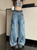 Summer 2025 Women's Retro Patchwork Wide-Leg High-Waisted Cargo Jeans