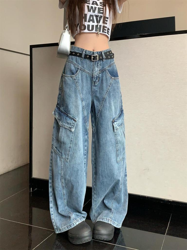 Summer 2025 Women's Retro Patchwork Wide-Leg High-Waisted Cargo Jeans