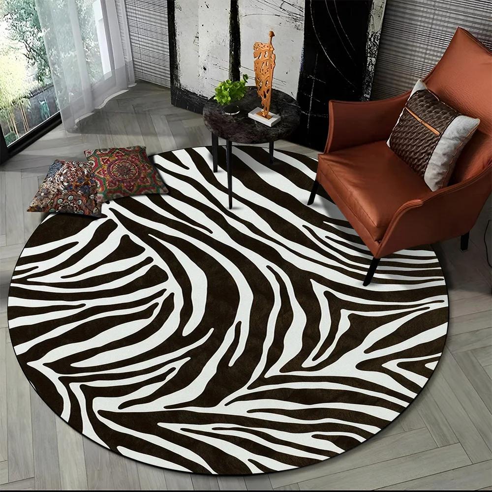 3D Barevný Pruhovaný Vzor Zebra Kulatý Koberec pro Obývací Pokoj, Ložnici, Dětský Herní Koutek Dekor, Protiskluzová Podložka do Zóny pro Domácí Mazlíčky