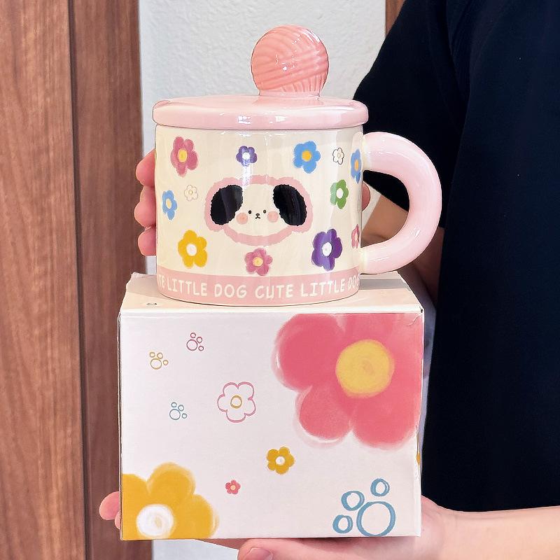 

Cat Mug with Lid Ceramic Cup Cute Girl Birthday Gift Puppy Bear High looking Office Water Cup 380ML