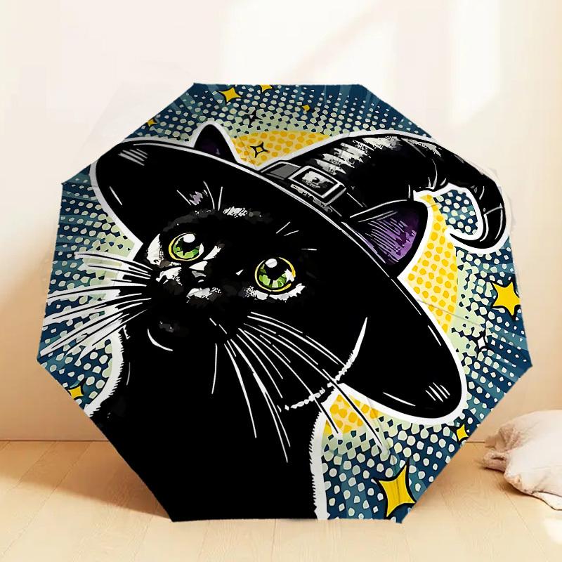 Spooky Witch Cat Umbrella: Automatic Opening & Closing, Outdoor Protection, Travel Accessory, Lightweight & Durable
