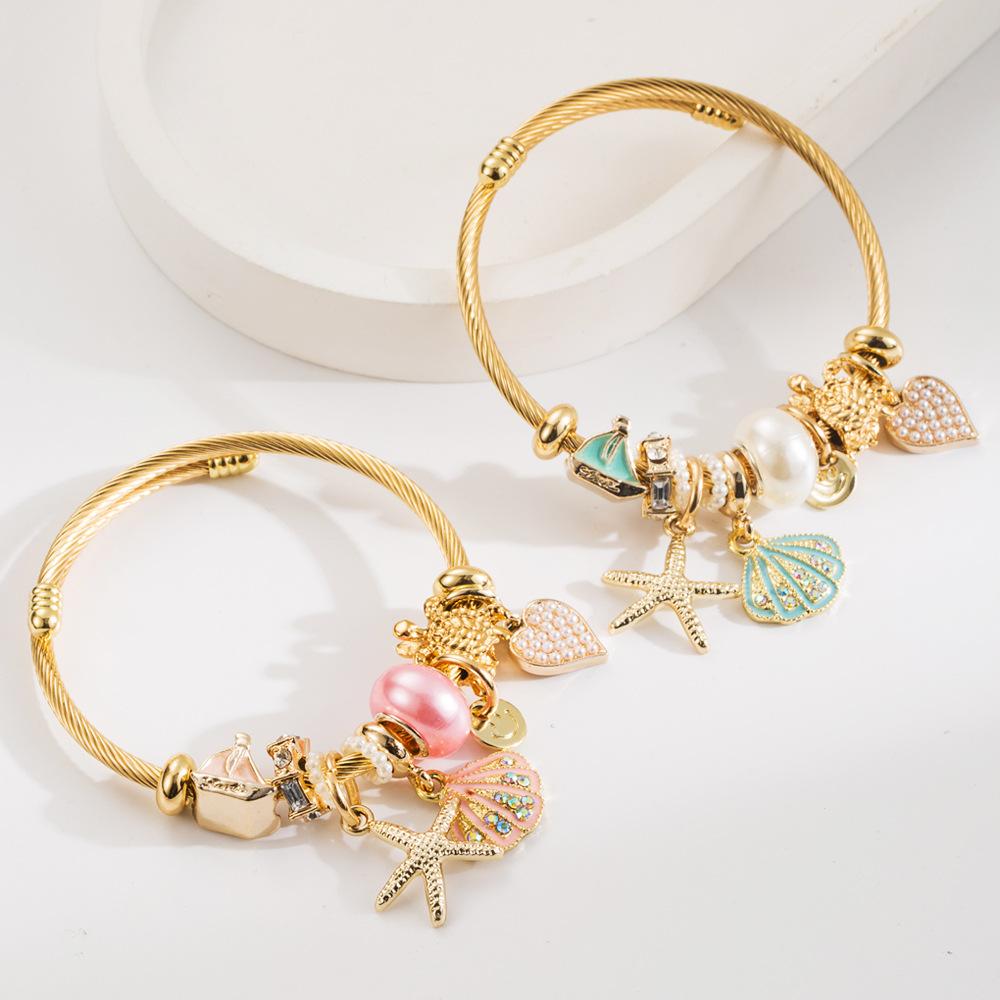 Inlaid Diamond Starfish Shell Pendant Adjustable Bracelet Beach Vacation Style Women's Jewelry