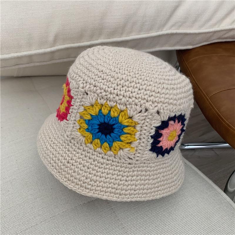 

Handmade Knitted Flower Wool Hat for Women In FallSeason and ColdSeason Versatile Big Head Fisherman Hat for ColdSeason Warm Face Small Pot Hat One Size