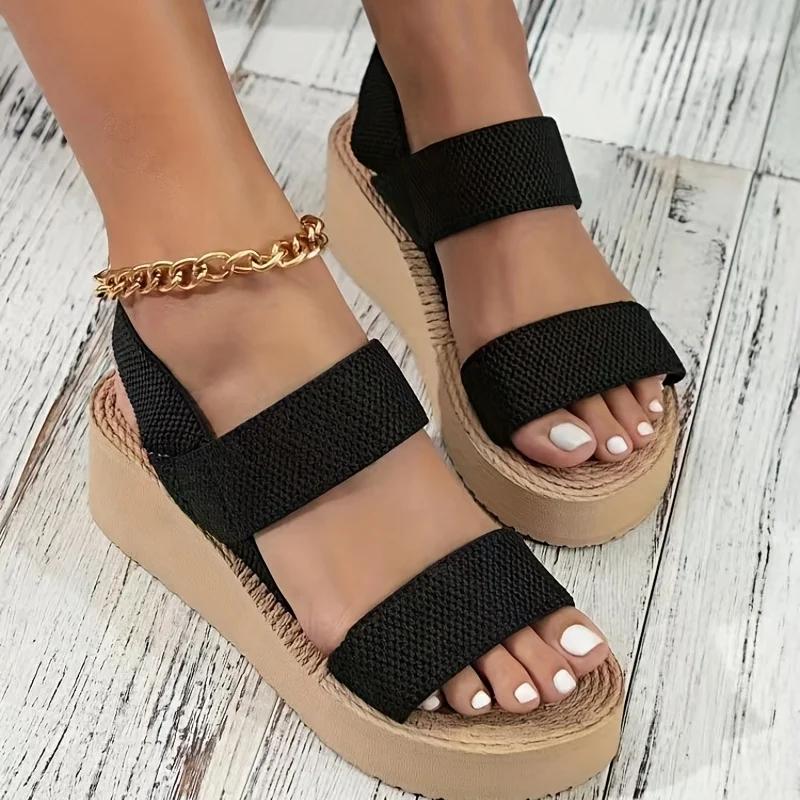 Women's Minimalist Wedge Sandals Open Toe Thick Soled Platform Casual Sandals Ankle Strap Slingback Sandals Solid Color