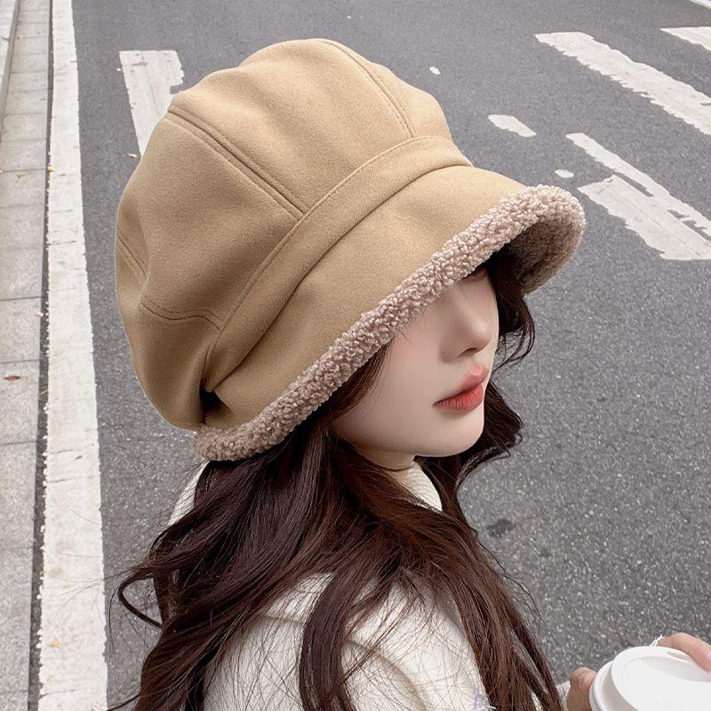 Autumn and Winter Fisherman's Hat with Fleece for Cold Protection Ear Protection Basin Hat Casual Lamb Wool Octagonal Beret