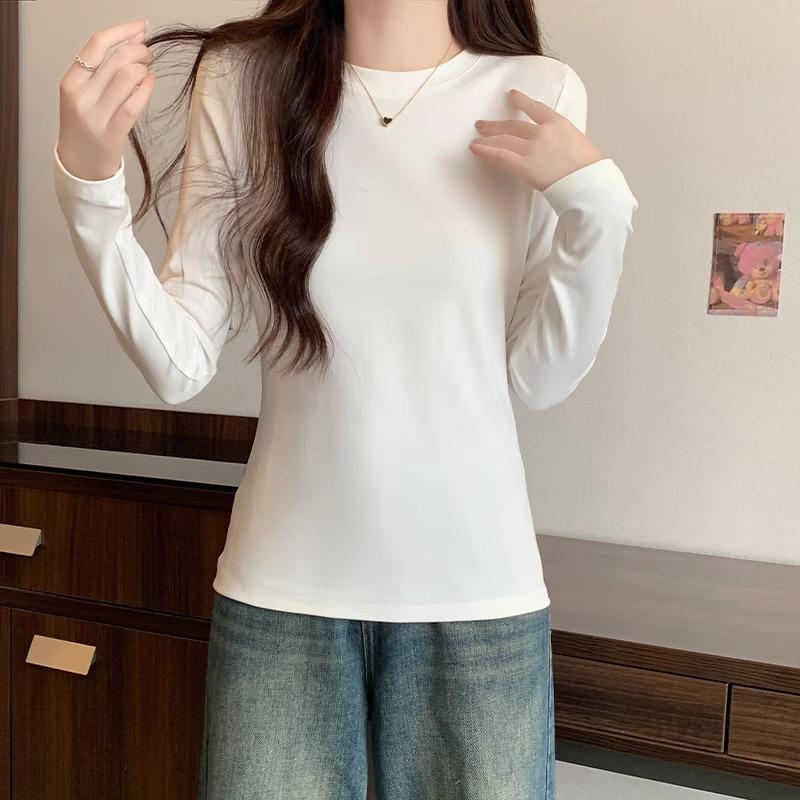 Amerykańskie retro elastyczne dopasowane T-shirt z długim rękawem na prawe ramię dla kobiet jednolity kolor okrągły dekolt podstawowa koszulka bazowa zakrywająca ciało