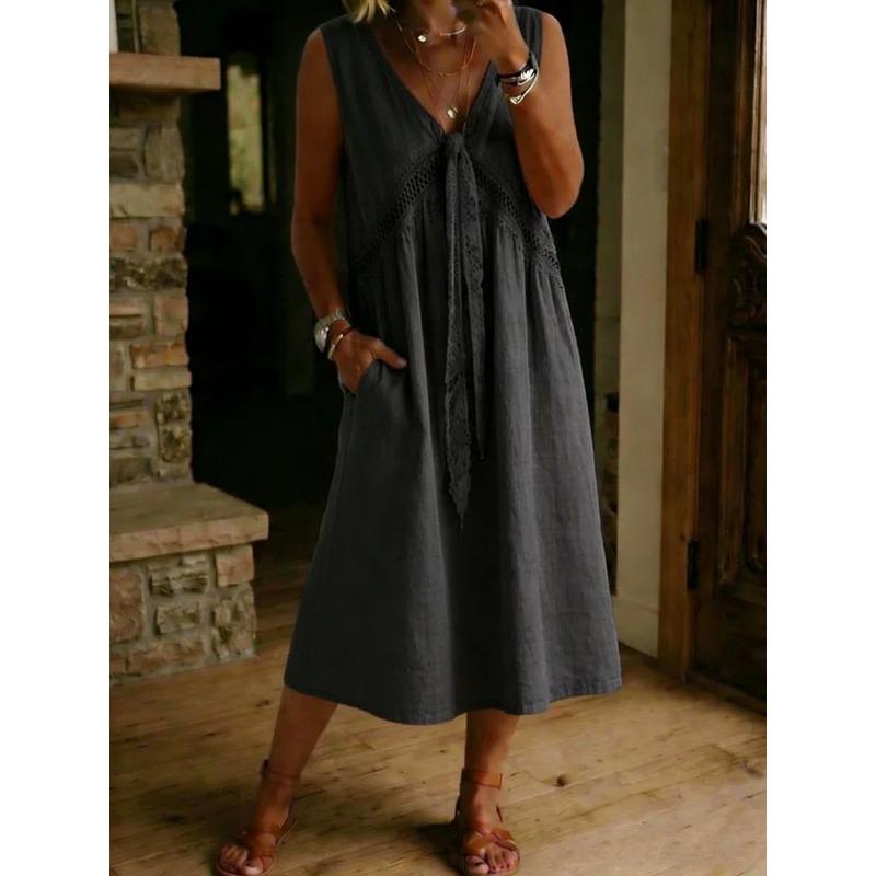 women's Tie Front Lace Trim Solid Color Linen Blend Sleeveless Midi Dress Loose Casual Sundress