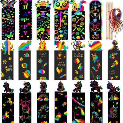 24pcs Animal Diy Toys Scratching Painting Paper Alien Scratching Painting Colorful Scratching Paper For Kids