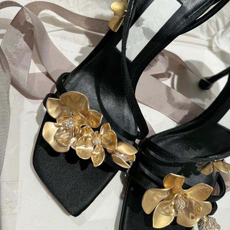 Socialite Golden Orchid Ribbon Square Head High Heels With Thin Water Drop With Party Daily All-In-One Sandals For Women