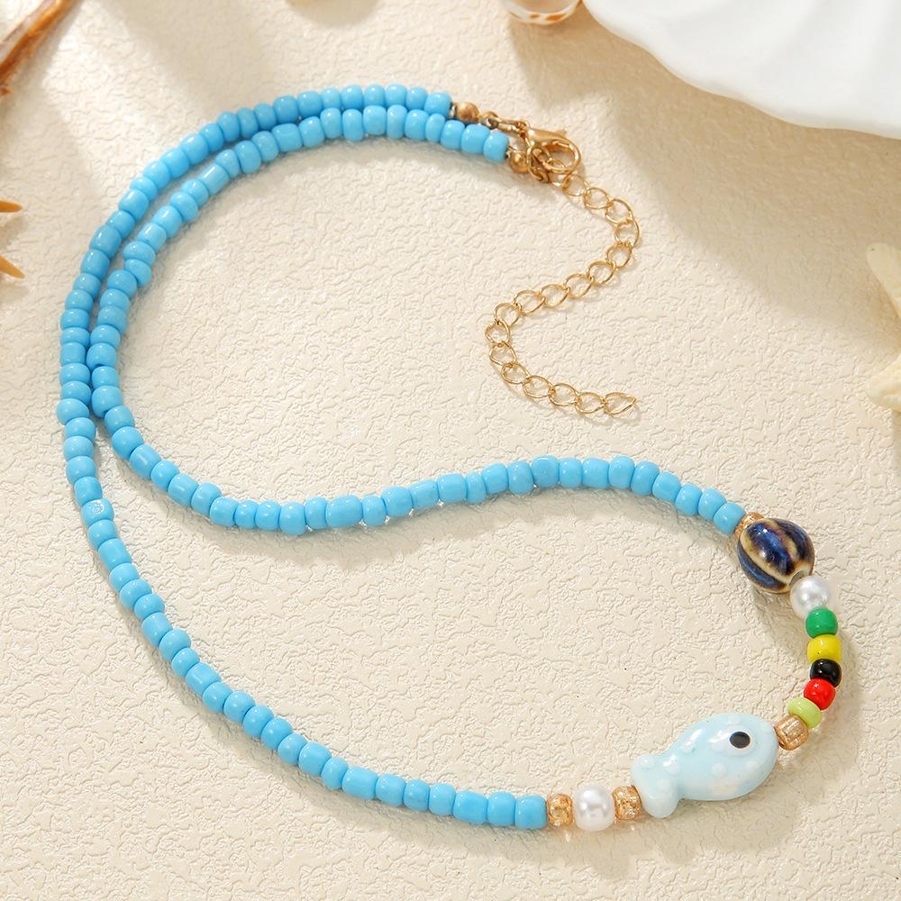 Color Beaded Necklace Women's Japanese Versatile Double-sided Painted Cute Ceramic Fish Bracelet Women's Premium Hand Rope