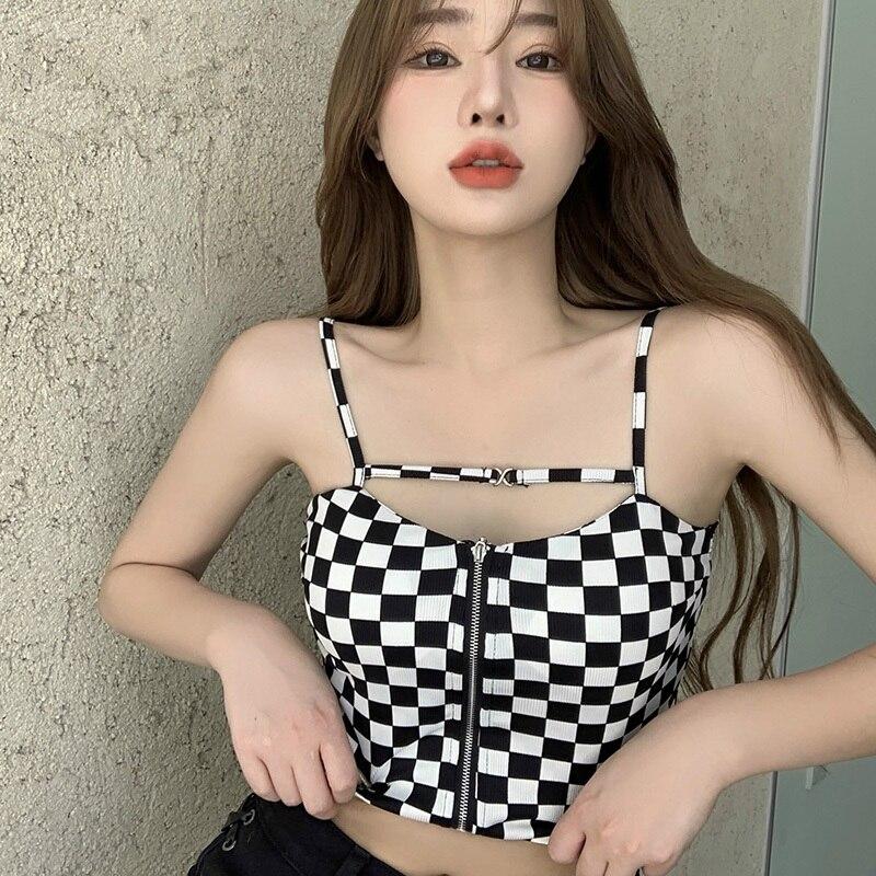 Women Korean Checkered Zipper Sexy Slim Camisole Short Top