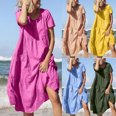 Women Solid  Short Sleeve Pockets Cotton Linen Loose Beach Casual Dress