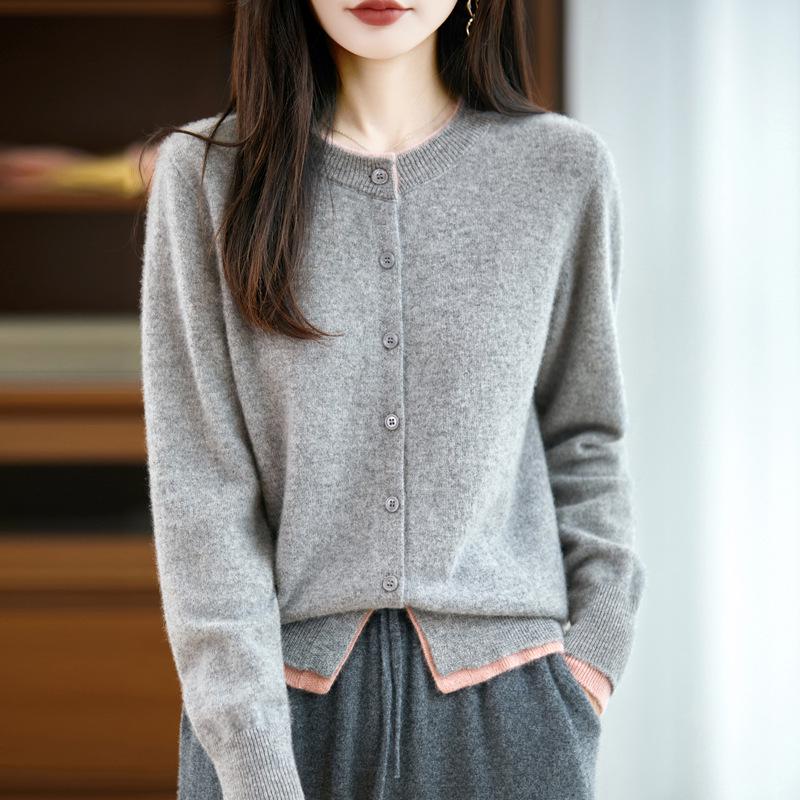 Women's 100% Wool Color Block Round Neck Sweater - Knit Long Sleeve Loose Pullover for Autumn/Winter