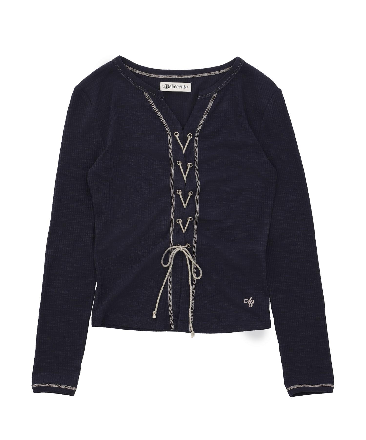 Deliscent Color Block Lace-Up T-Shirt [Navy] Navy/Free