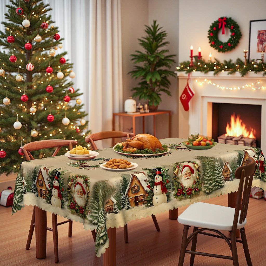 European Christmas Tablecloth, Waterproof And Oil-Proof Printed Dining Table Cloth, Santa Claus Snowman Pine Cone Printed Dining Table Tablecloth