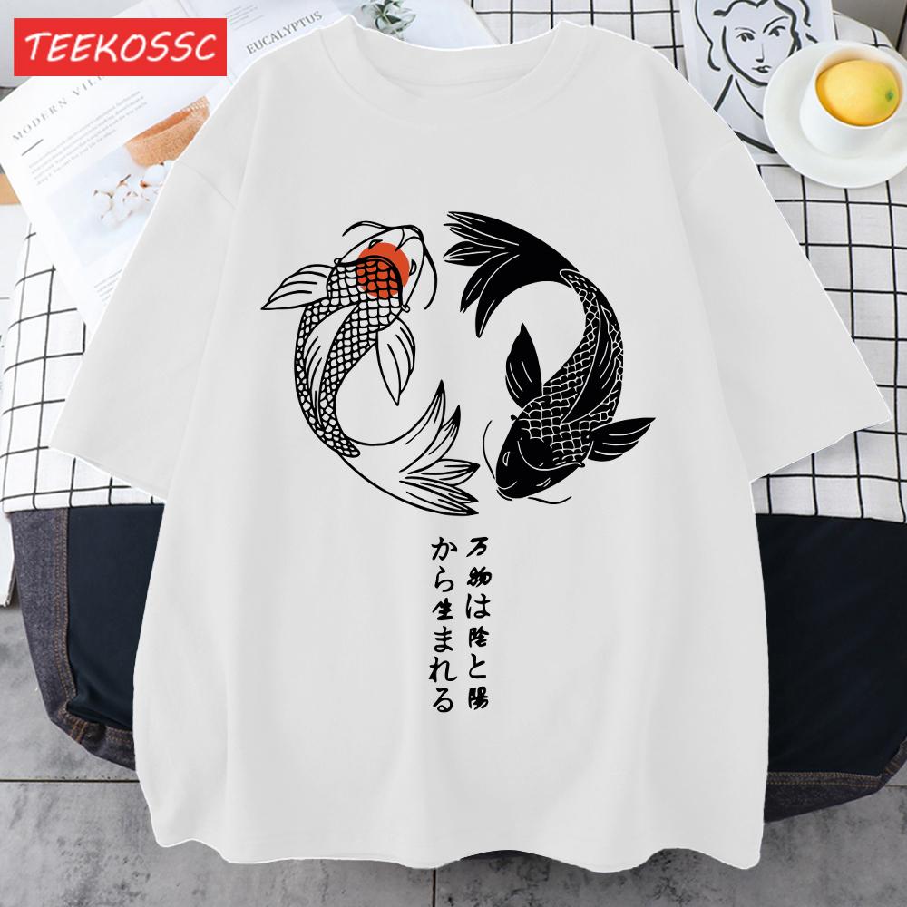 Two Koi Fish Swimming In Waterprint Men TShirts Cotton AllMatch T Shirt Comfortable Crewneck Tops Loose Unisex Summer Clothes