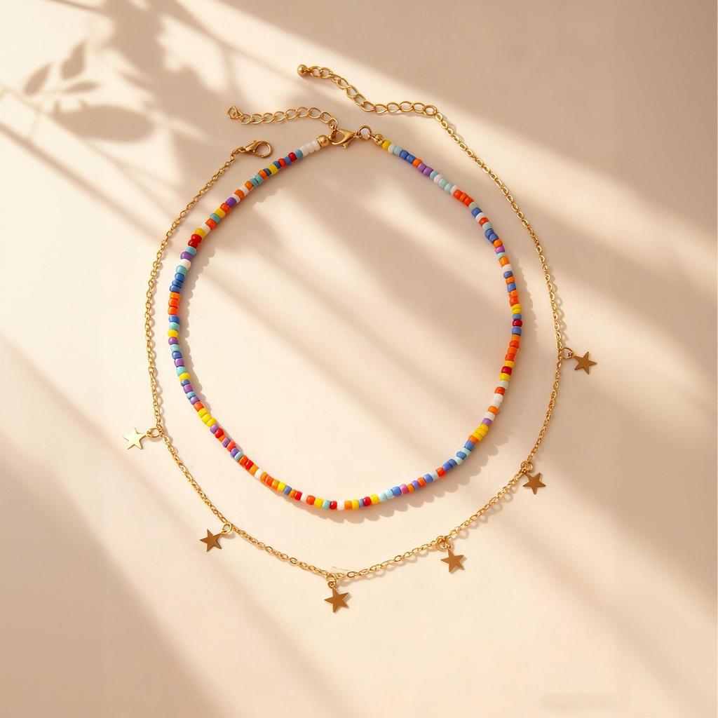 Dopamine color scheme Bohemian color beaded necklace multi-layered wearing rice beads star pendant collarbone chain
