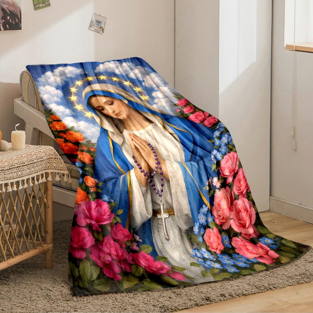 "Praying Virgin Mary with Rosary Design Blanket"Flannel Blanket for Bedroom, Living Room, Sofa, and Nap