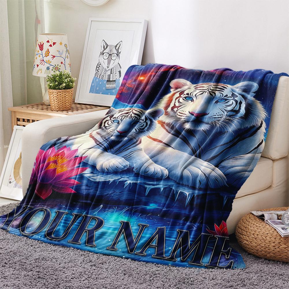 1PC Custom Name Tiger Fantasy Universe Patterned Flannel Blanket Suitable For All Seasons for Home Decor Warmth and Comfort Gifts Holiday Present_lx