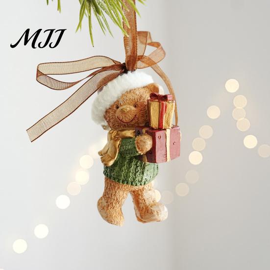 Seasonal Branch Decorations Christmas Resin Animal Ornament, Vintage Hanging Decor with Ribbon, Cute Bow Tree Ornaments Dog Santa Bear Patterns